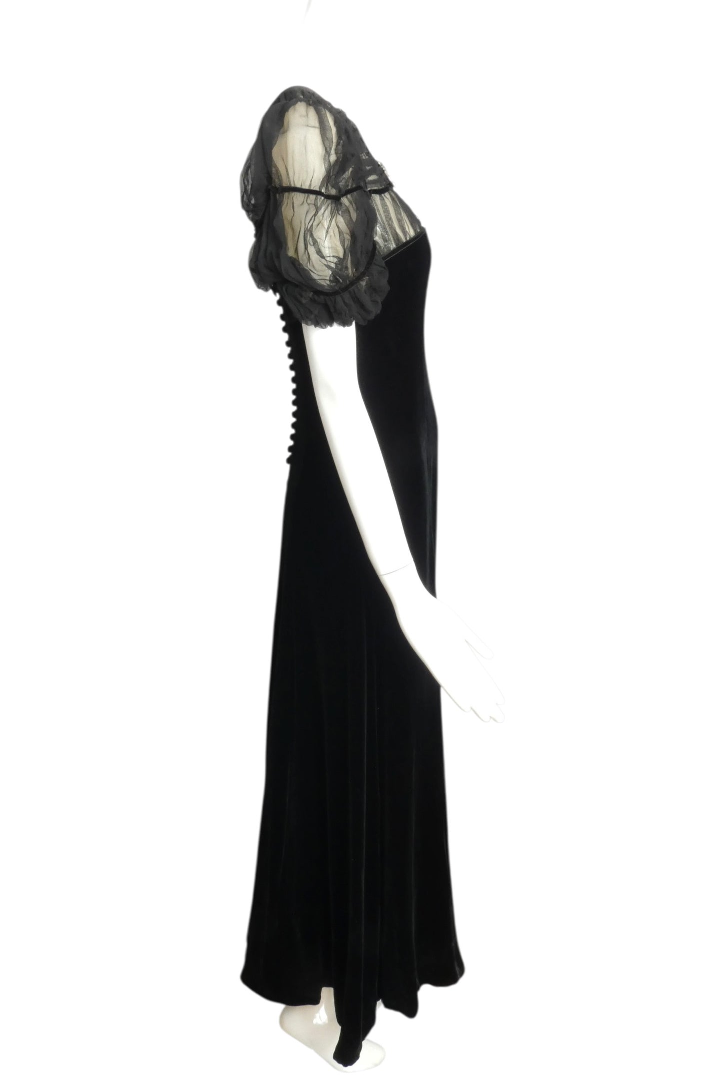 1930s Black Velvet & Chiffon Evening Gown, Size 2