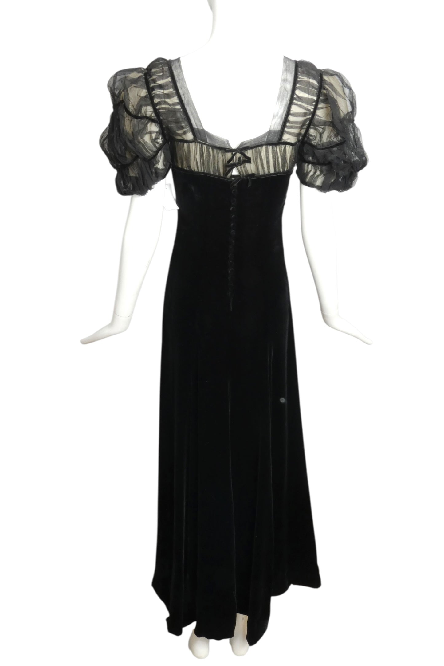 1930s Black Velvet & Chiffon Evening Gown, Size 2