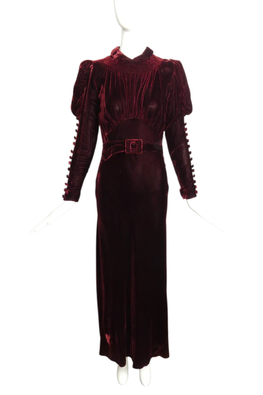 1930s Burgundy Velvet Evening Gown, Size 6