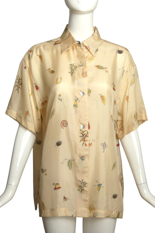 TODD OLDHAM- 1990s Print Silk S/S Blouse, Size 14