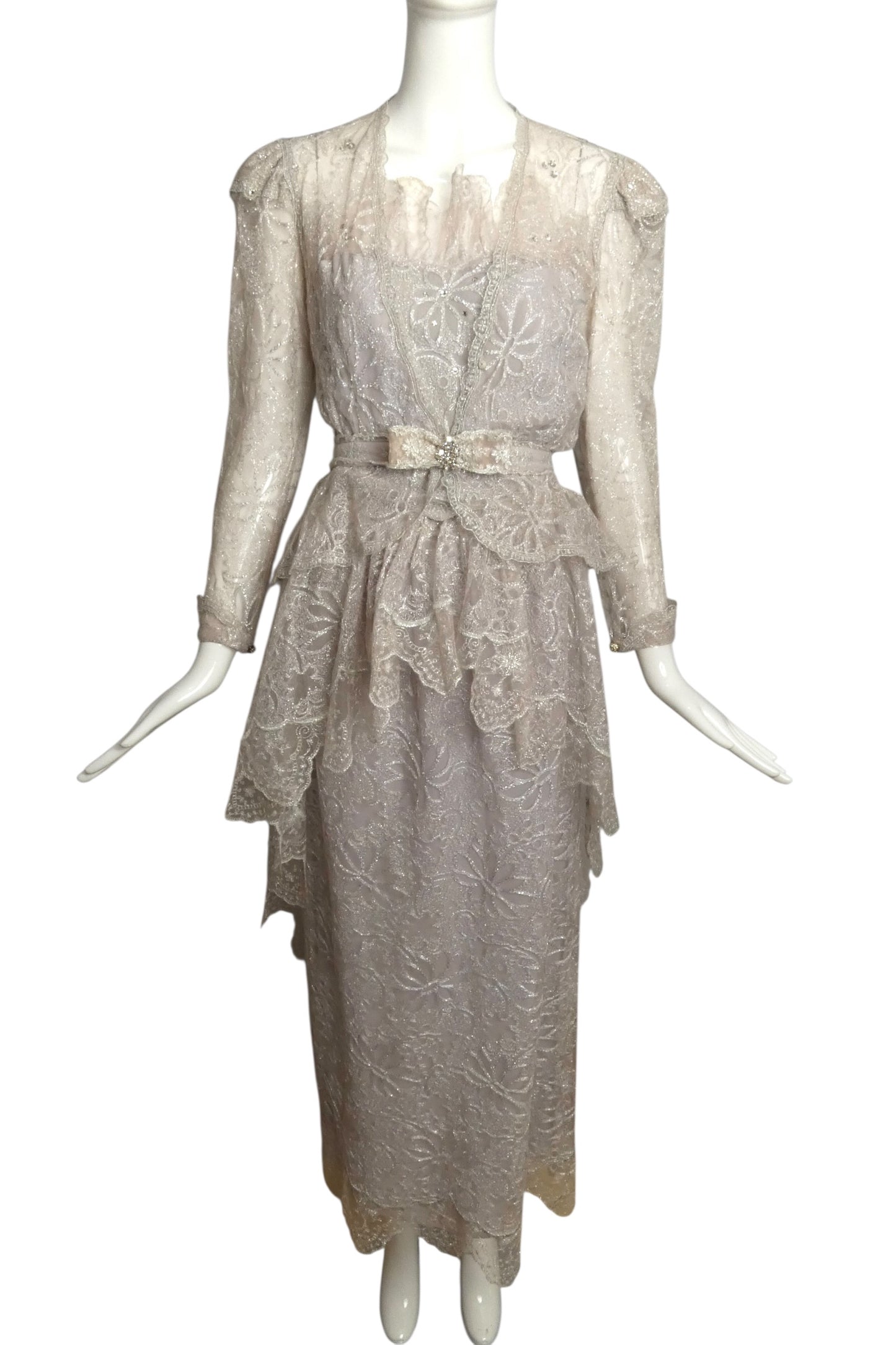 GIORGIO SANT'ANGELO- 1983 4pc Silver Lace Cocktail Ensemble, Size 4