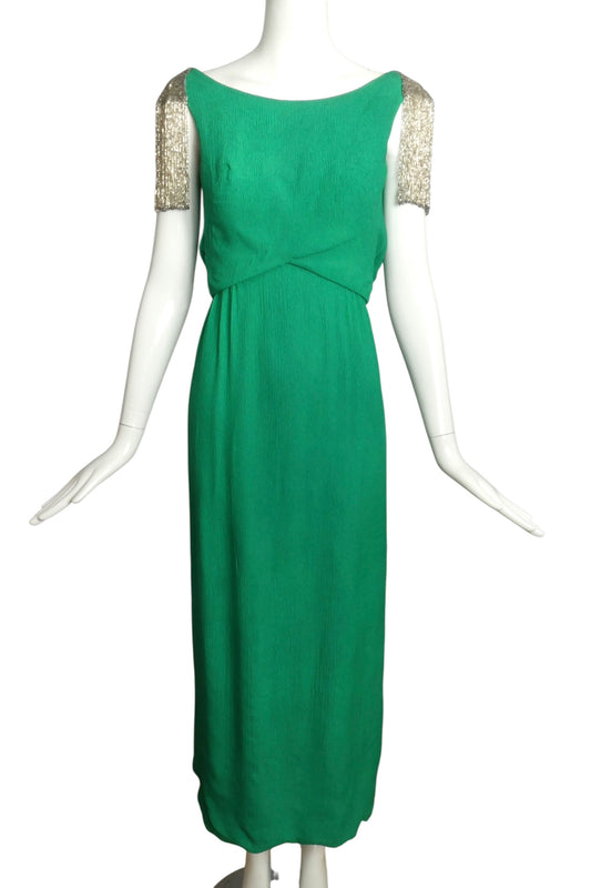 1960s Green Crinkle Crepe & Bead Evening Gown, Size 2