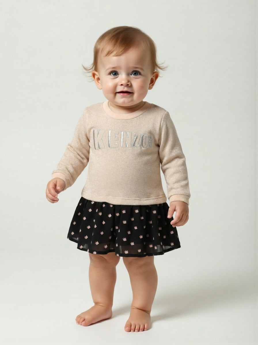 Knit Logo Embroidered Dress, Size-6 Months