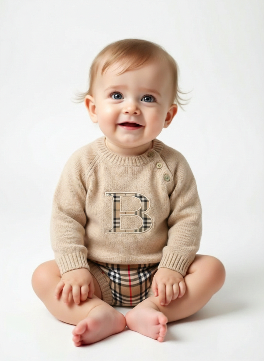 Tan Embroidered "B" Wool Sweater, Size 9 Months