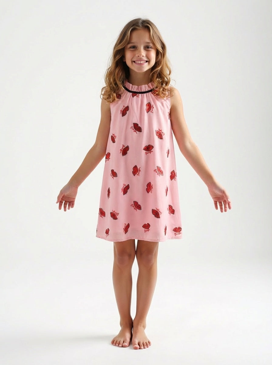 Embroidered Lip Print Dress, Size-10 Years