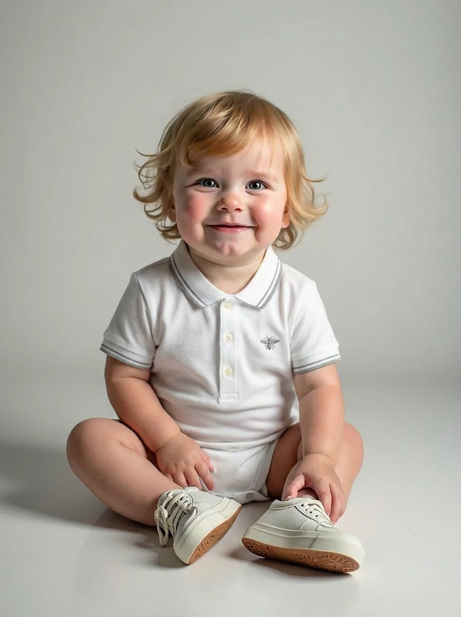 White Cotton Pique Onesie, Size 3 Months