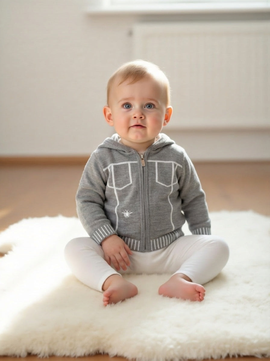 Grey Intarsia Wool Hoodie Sweater, Size 3 Months