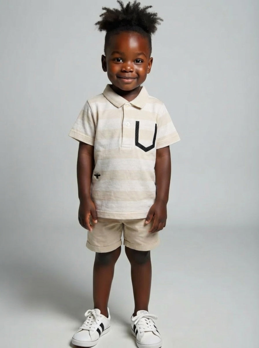 Taupe Striped Cotton Polo, Size 3 Months