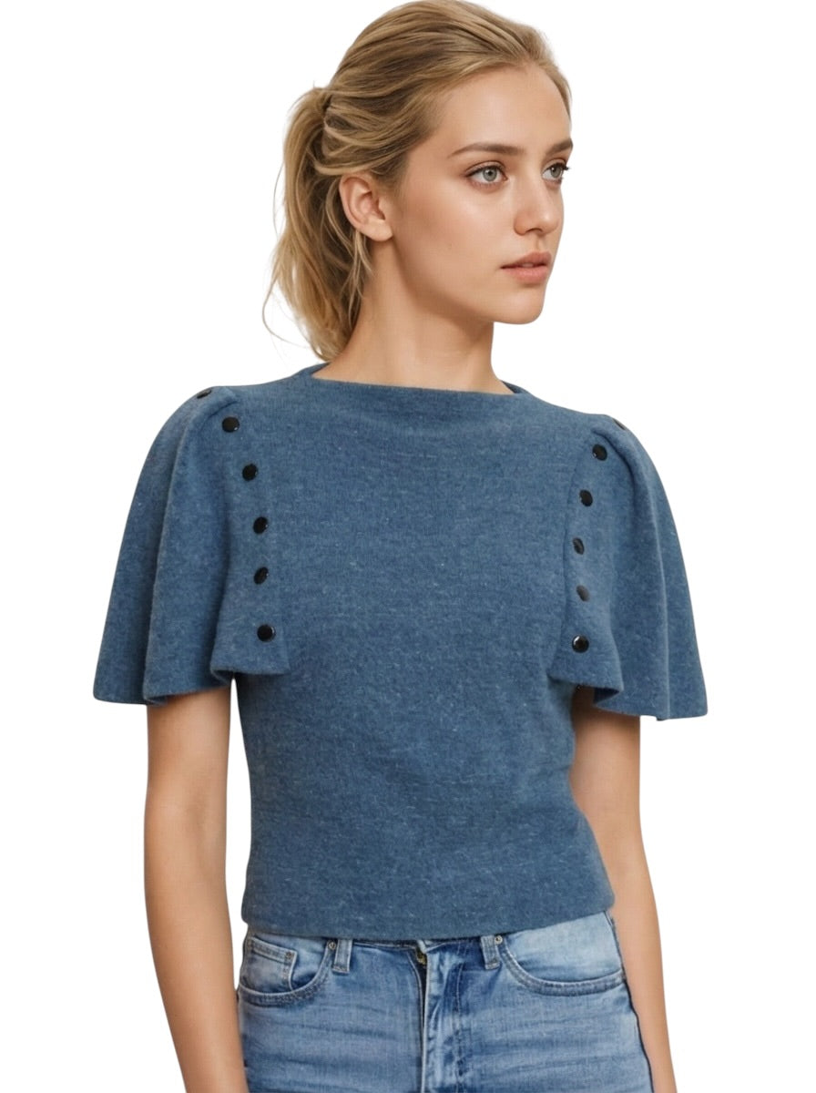 PIERRE CARDIN (HAUTE COUTURE) - 1990 Blue Wool Knit Top, Size 4