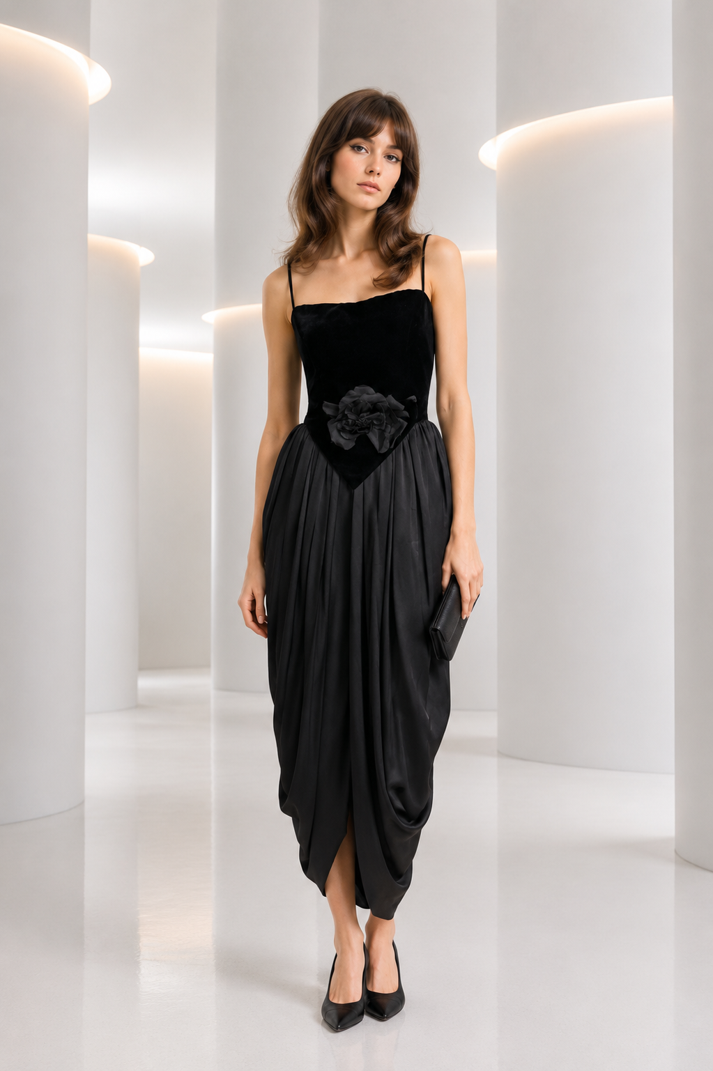 PIERRE CARDIN - 2000 Black Velvet & Charmeuse Dress, Size 4