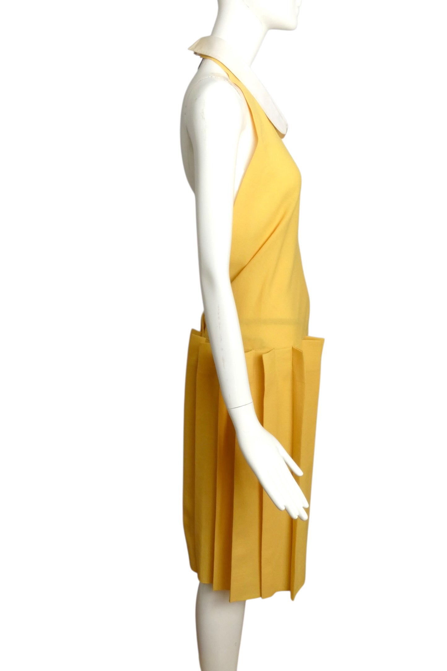 1980 Yellow Pleated Rayon Halter Dress, Size 6