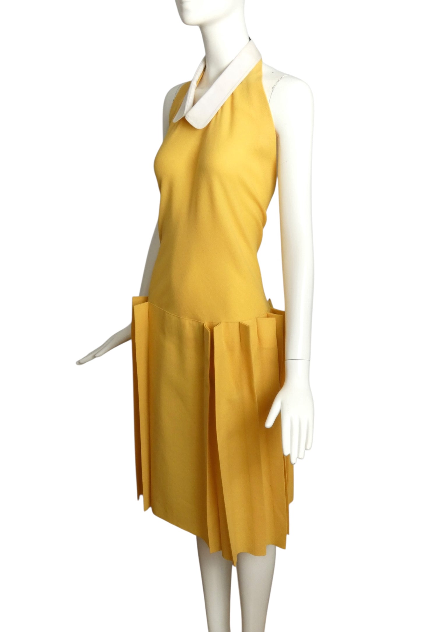 1980 Yellow Pleated Rayon Halter Dress, Size 6
