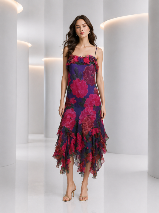 2006 Multi Color Floral Chiffon Dress, Size 2
