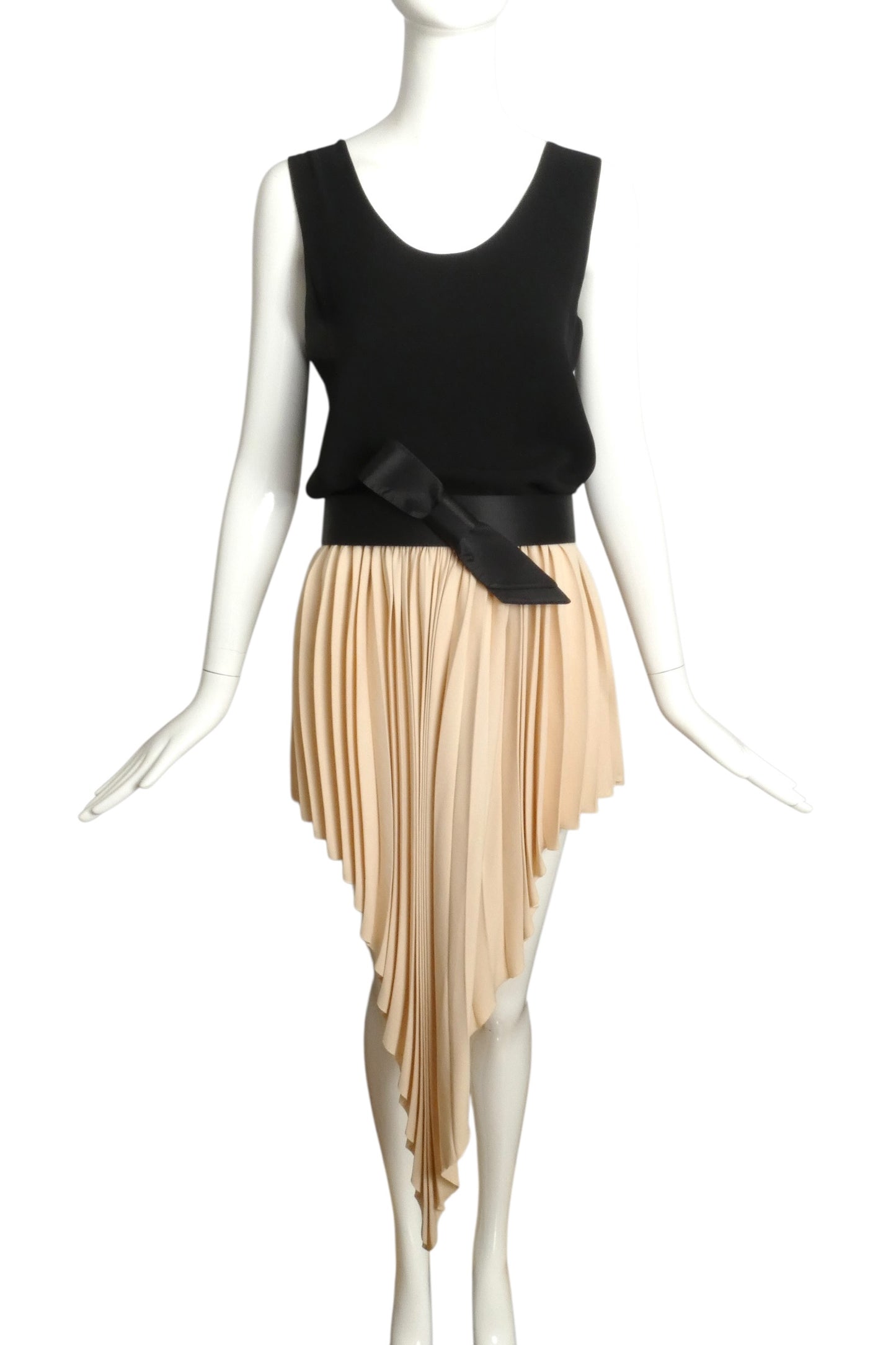 1989 Black & Ivory Pleated Crepe Gown, Size 4