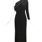 2002 Black One Shoulder Rhinestone Evening Gown, Size 6