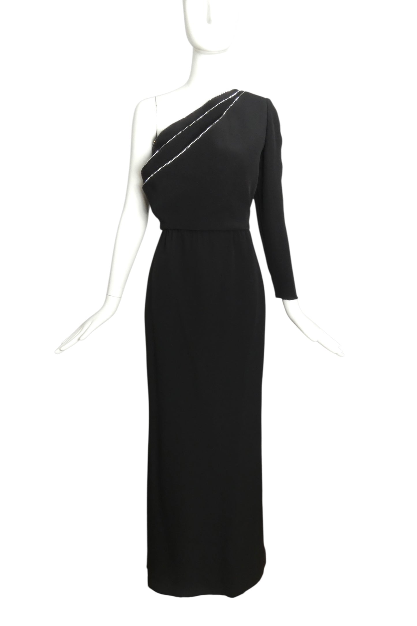 2002 Black One Shoulder Rhinestone Evening Gown, Size 6