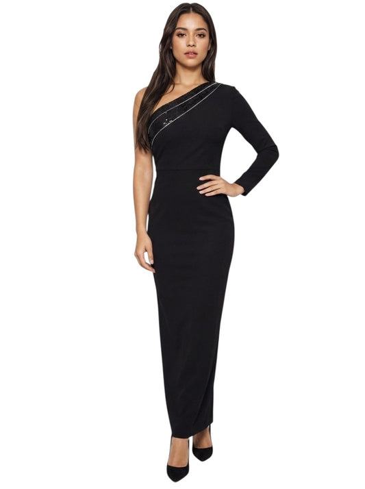 2002 Black One Shoulder Rhinestone Evening Gown, Size 6