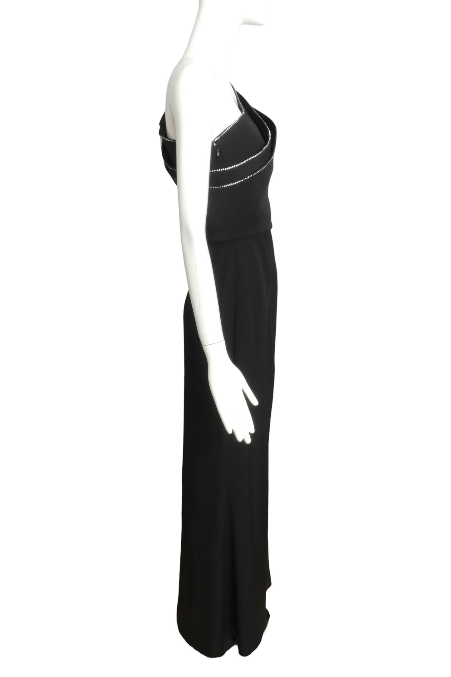 2002 Black One Shoulder Rhinestone Evening Gown, Size 6