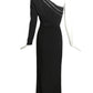 2002 Black One Shoulder Rhinestone Evening Gown, Size 6