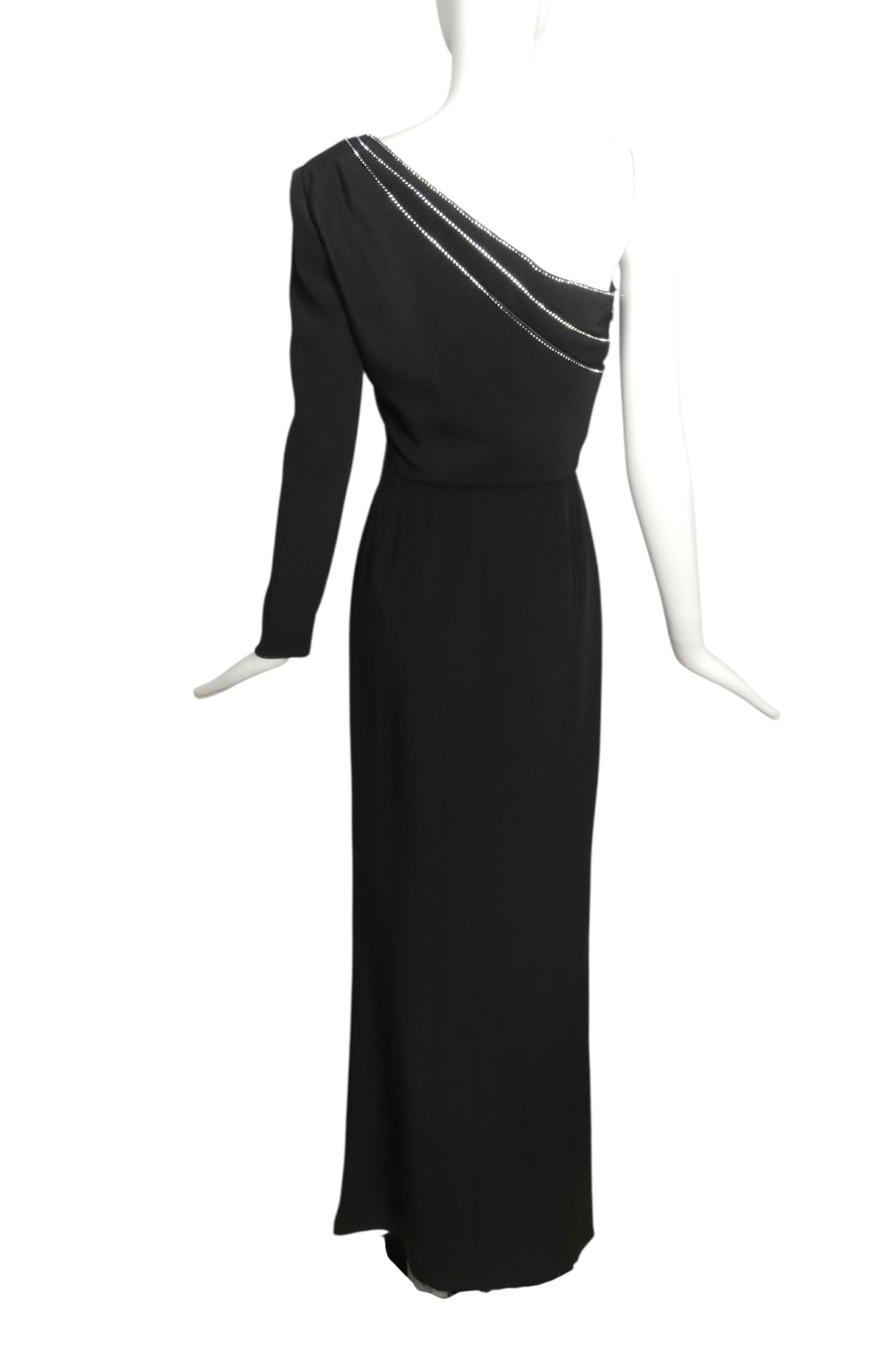 2002 Black One Shoulder Rhinestone Evening Gown, Size 6