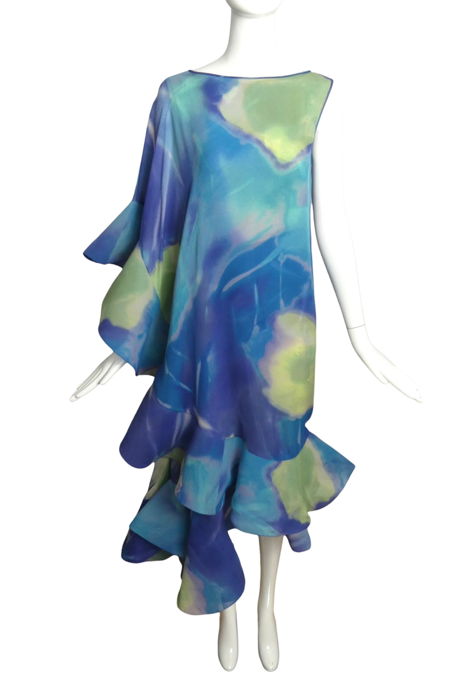 2000 Blue Chiffon Print Ruffle Gown, Size 8
