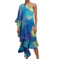 2000 Blue Chiffon Print Ruffle Gown, Size 8