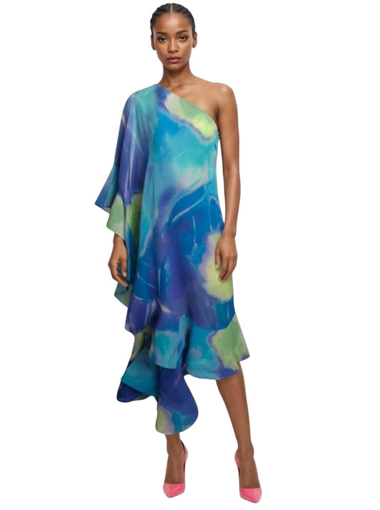 2000 Blue Chiffon Print Ruffle Gown, Size 8