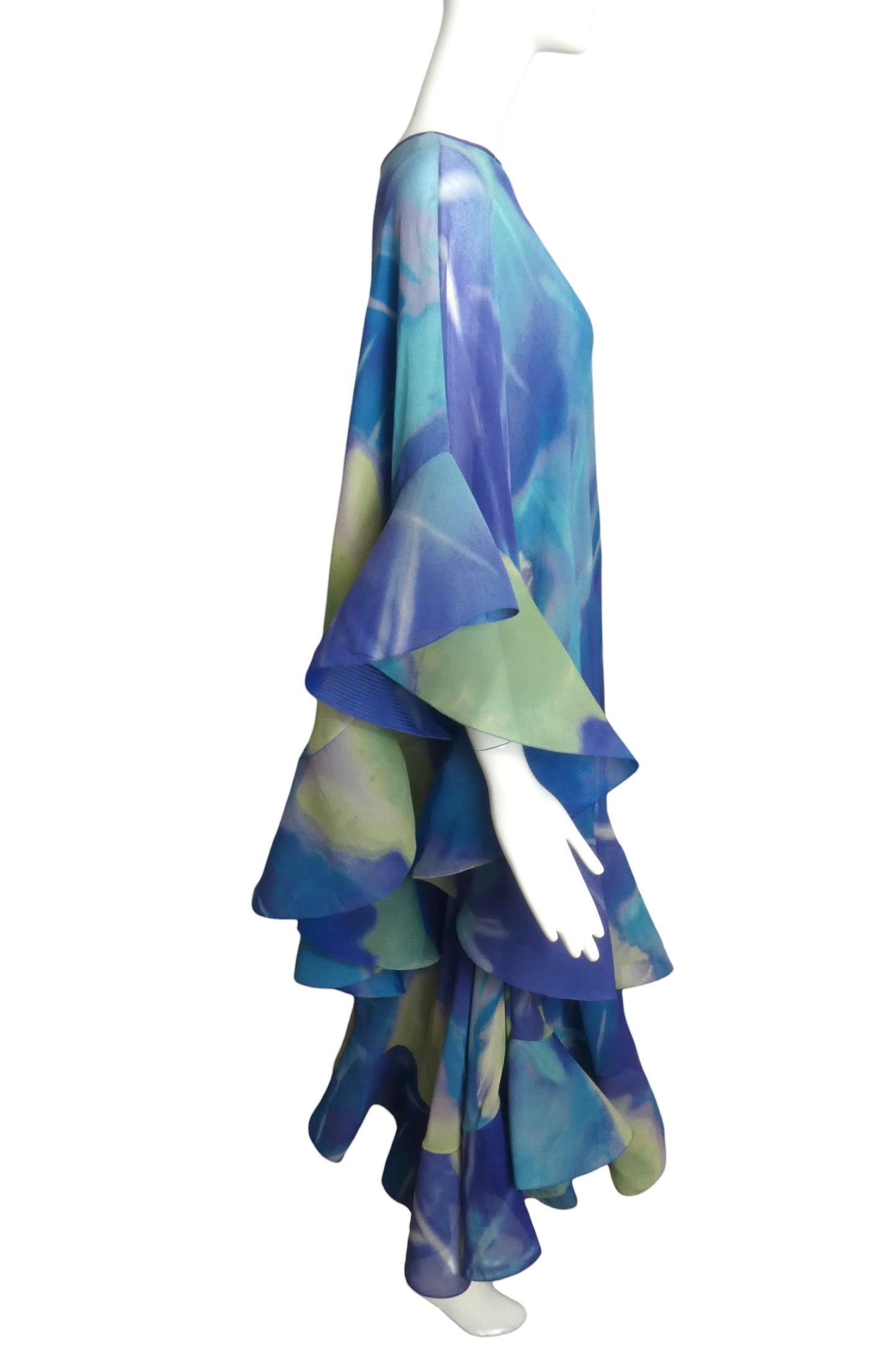 2000 Blue Chiffon Print Ruffle Gown, Size 8