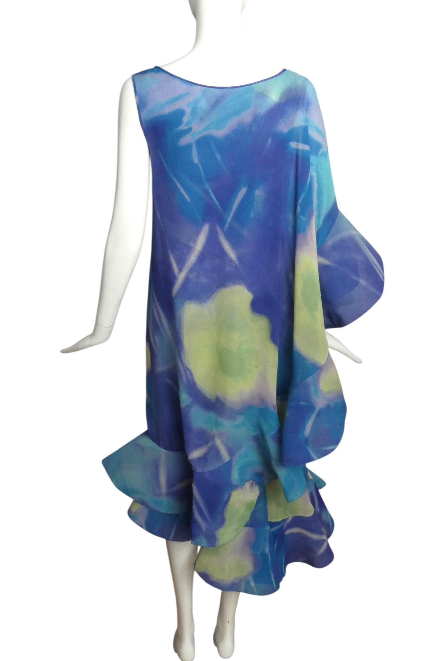 2000 Blue Chiffon Print Ruffle Gown, Size 8
