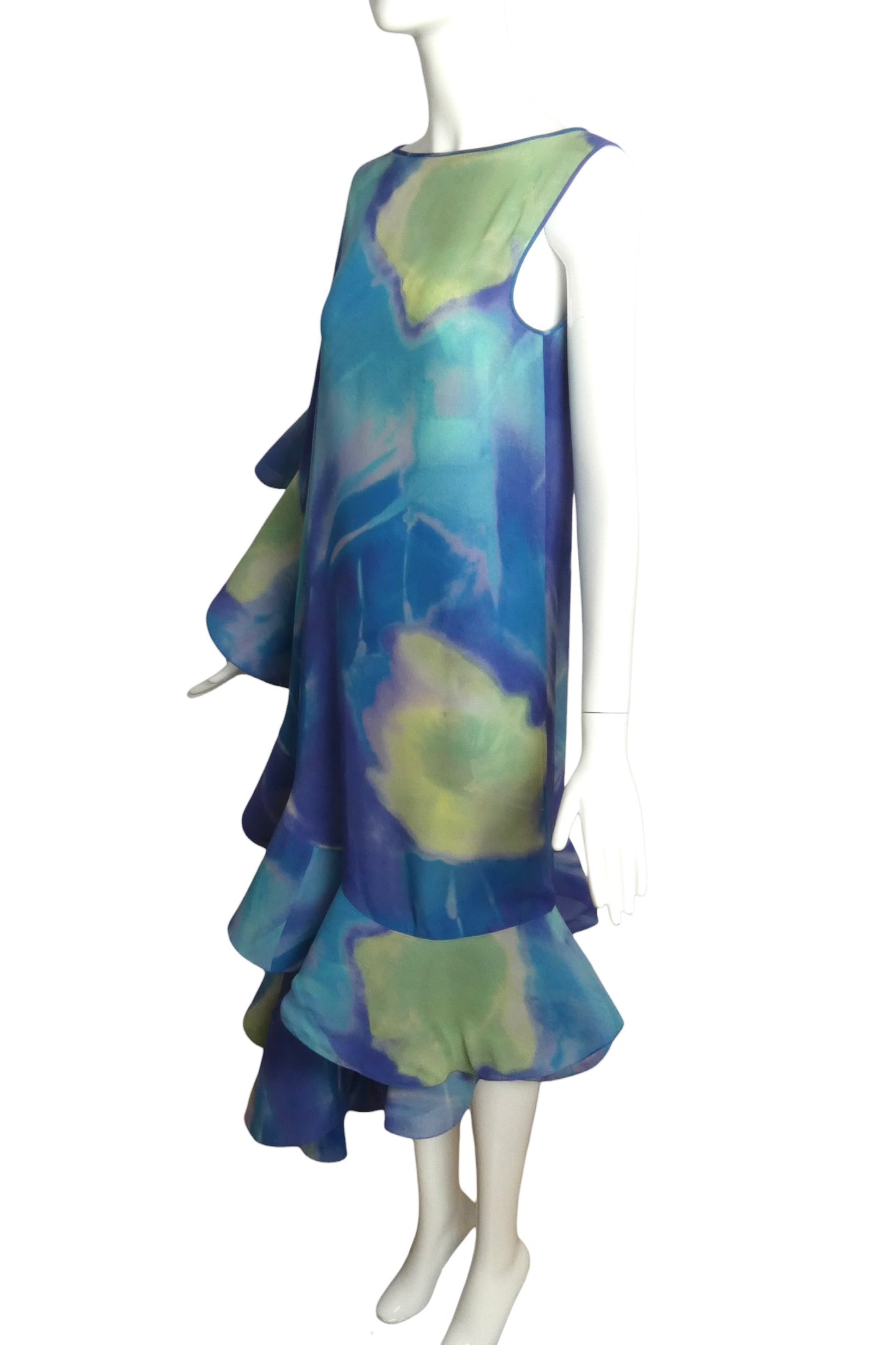 2000 Blue Chiffon Print Ruffle Gown, Size 8