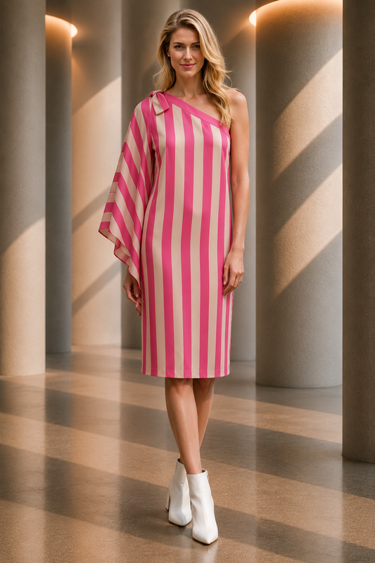 PIERRE CARDIN - 1999 Pink & Ivory Stripe One Shoulder Dress, Size 4