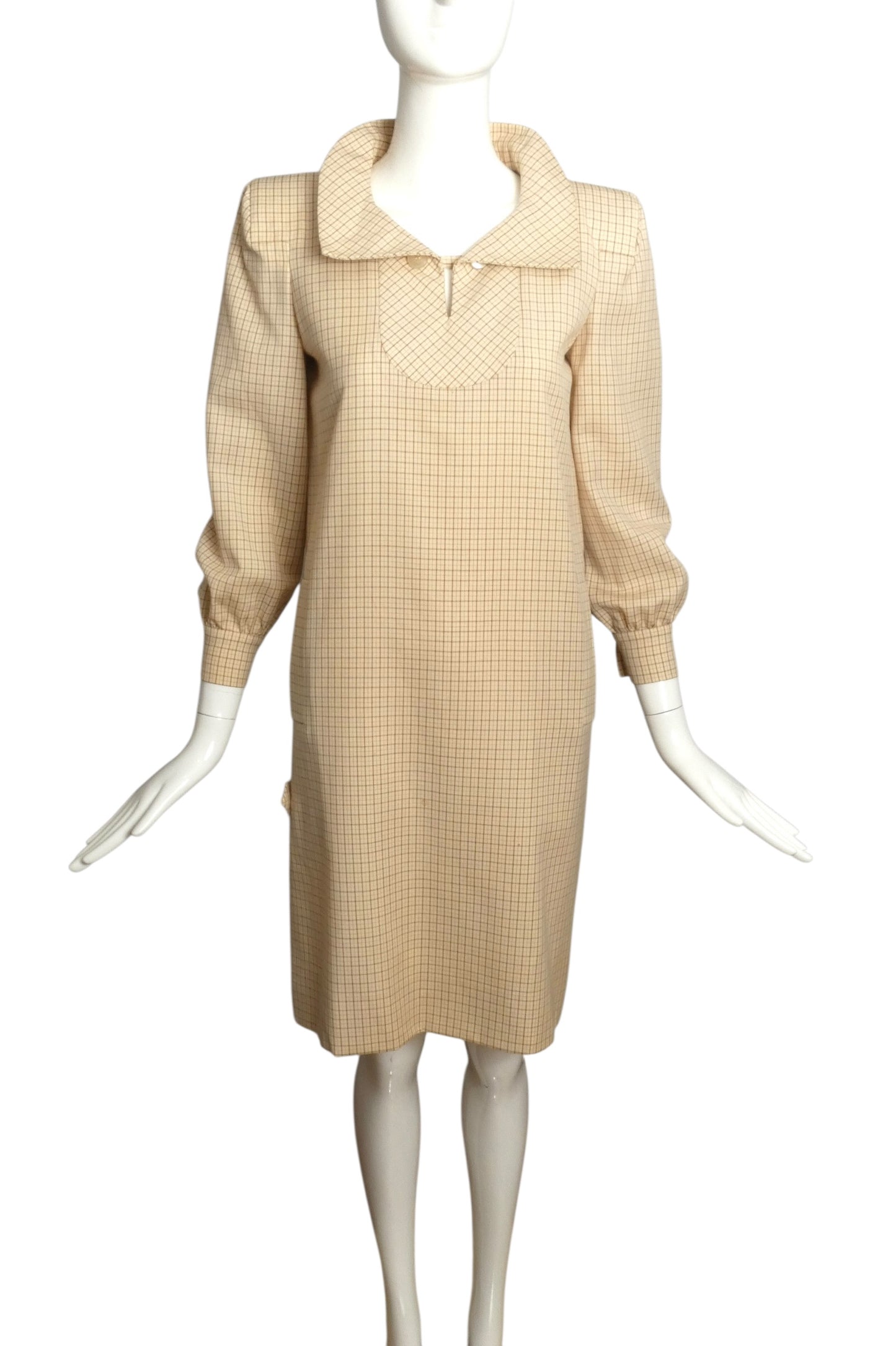 1979 AS IS Ivory Windowpane Wool Dress, Size 6