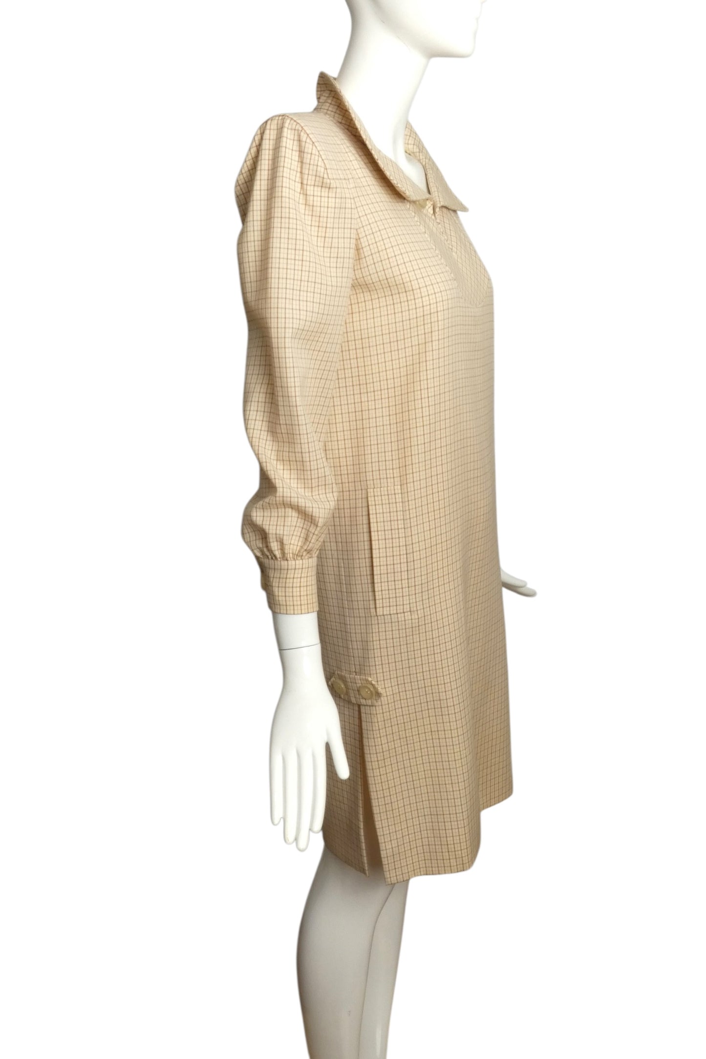 1979 AS IS Ivory Windowpane Wool Dress, Size 6