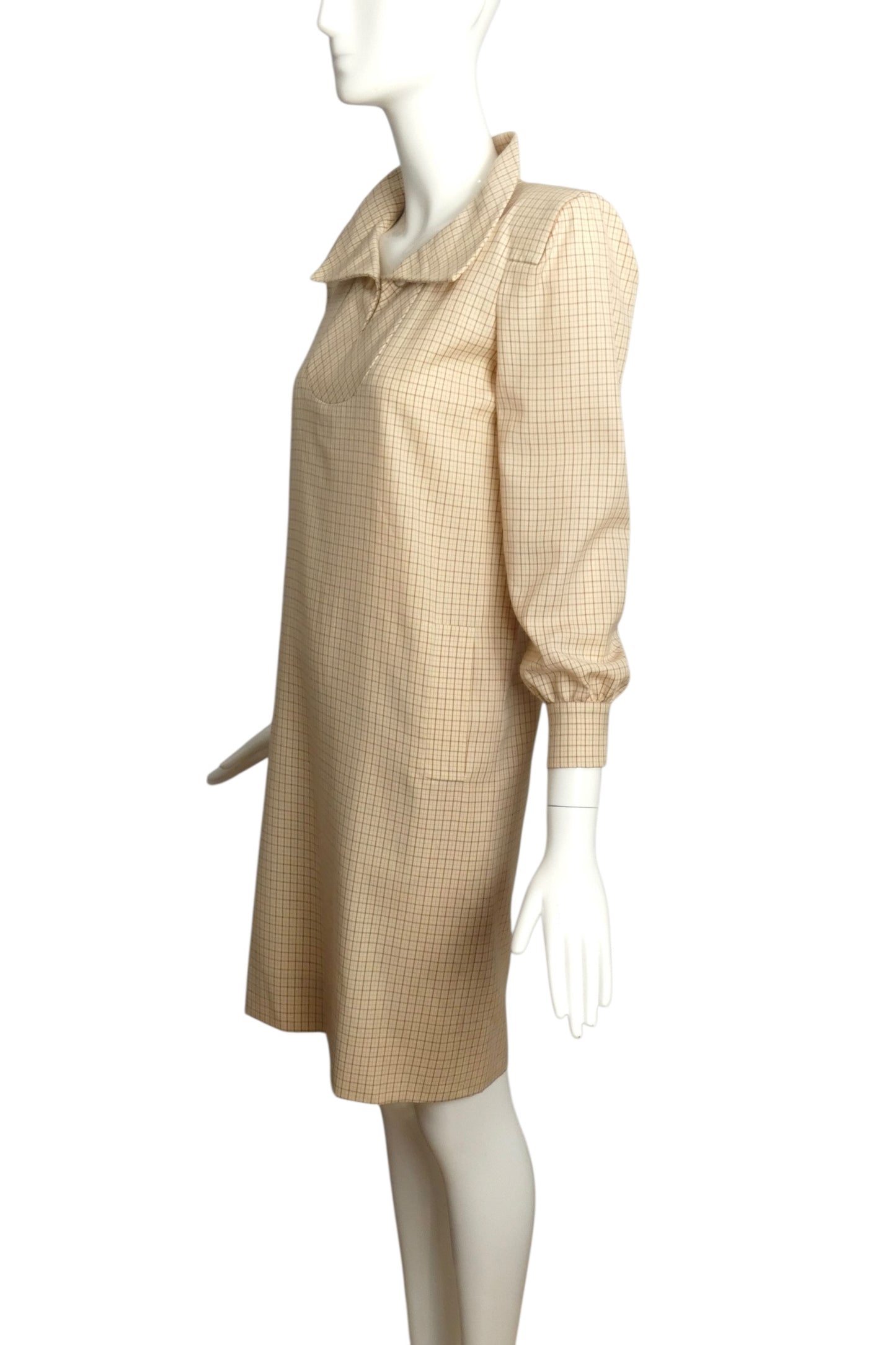 1979 AS IS Ivory Windowpane Wool Dress, Size 6