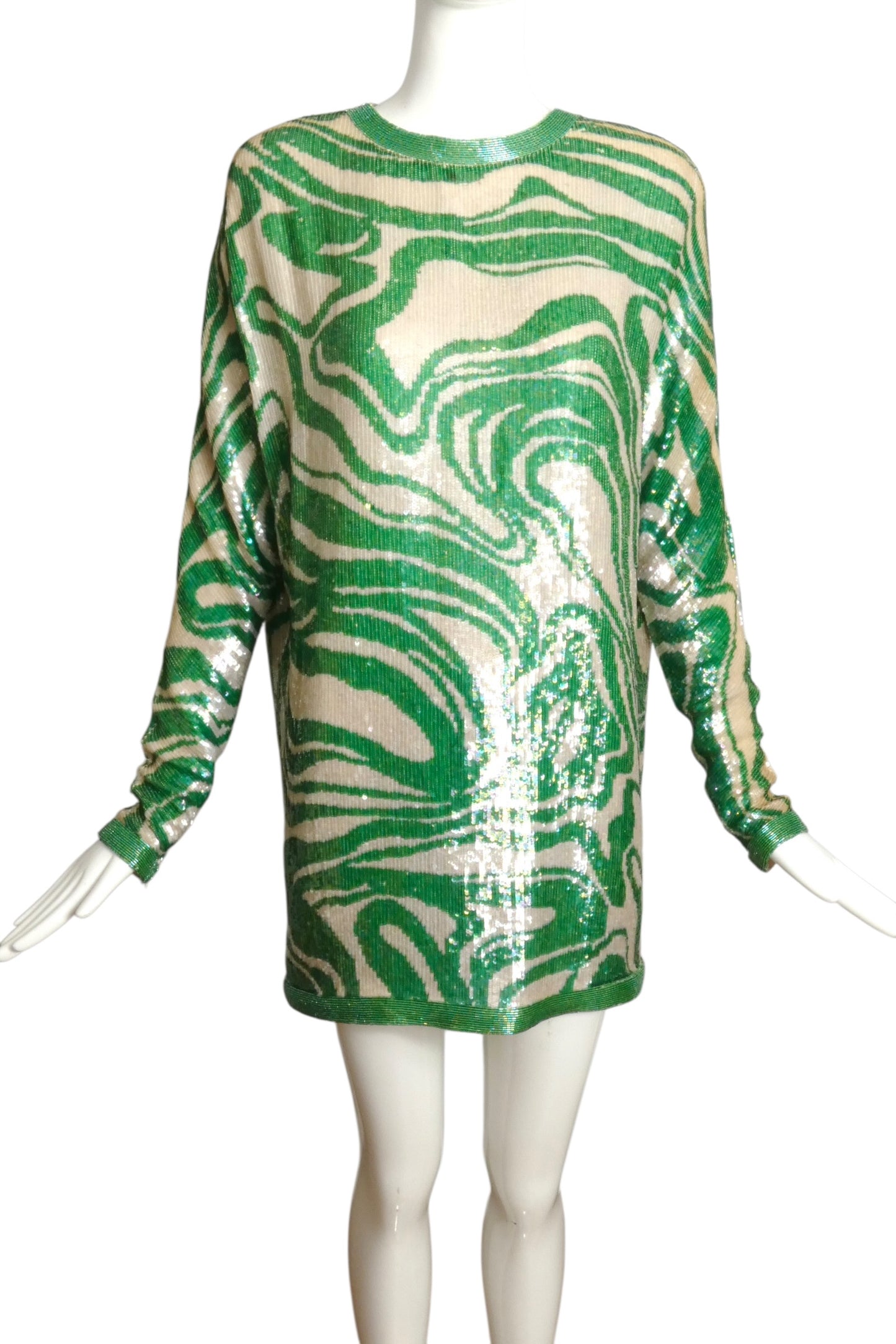 1989 Green & Ivory Sequin Cocktail Dress, Size 10