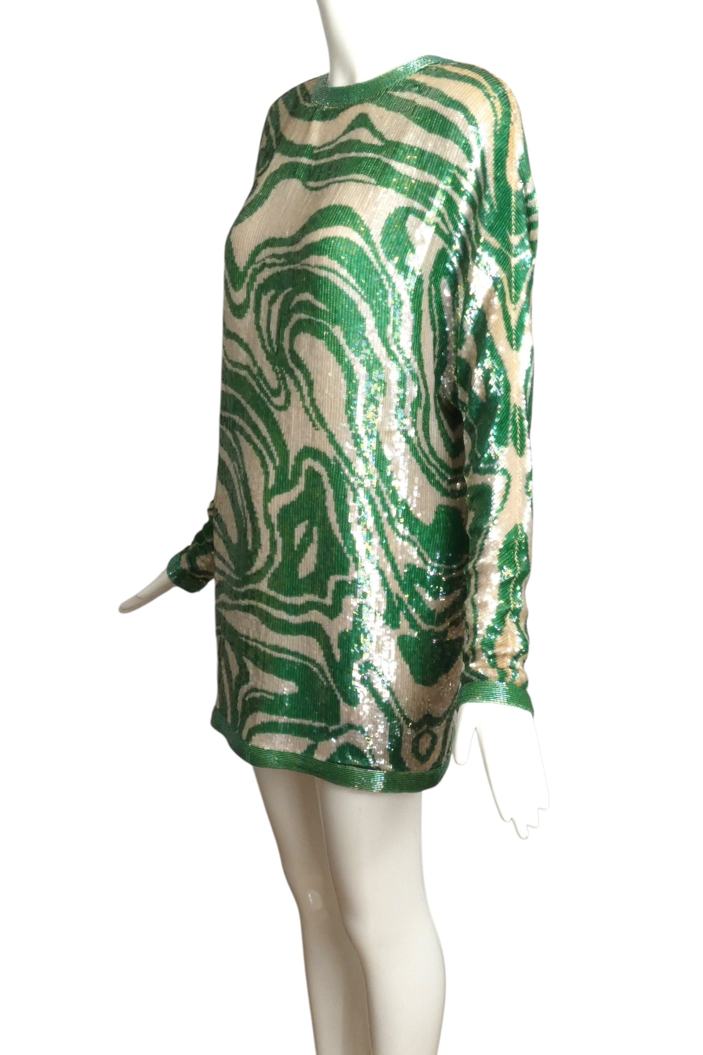 1989 Green & Ivory Sequin Cocktail Dress, Size 10