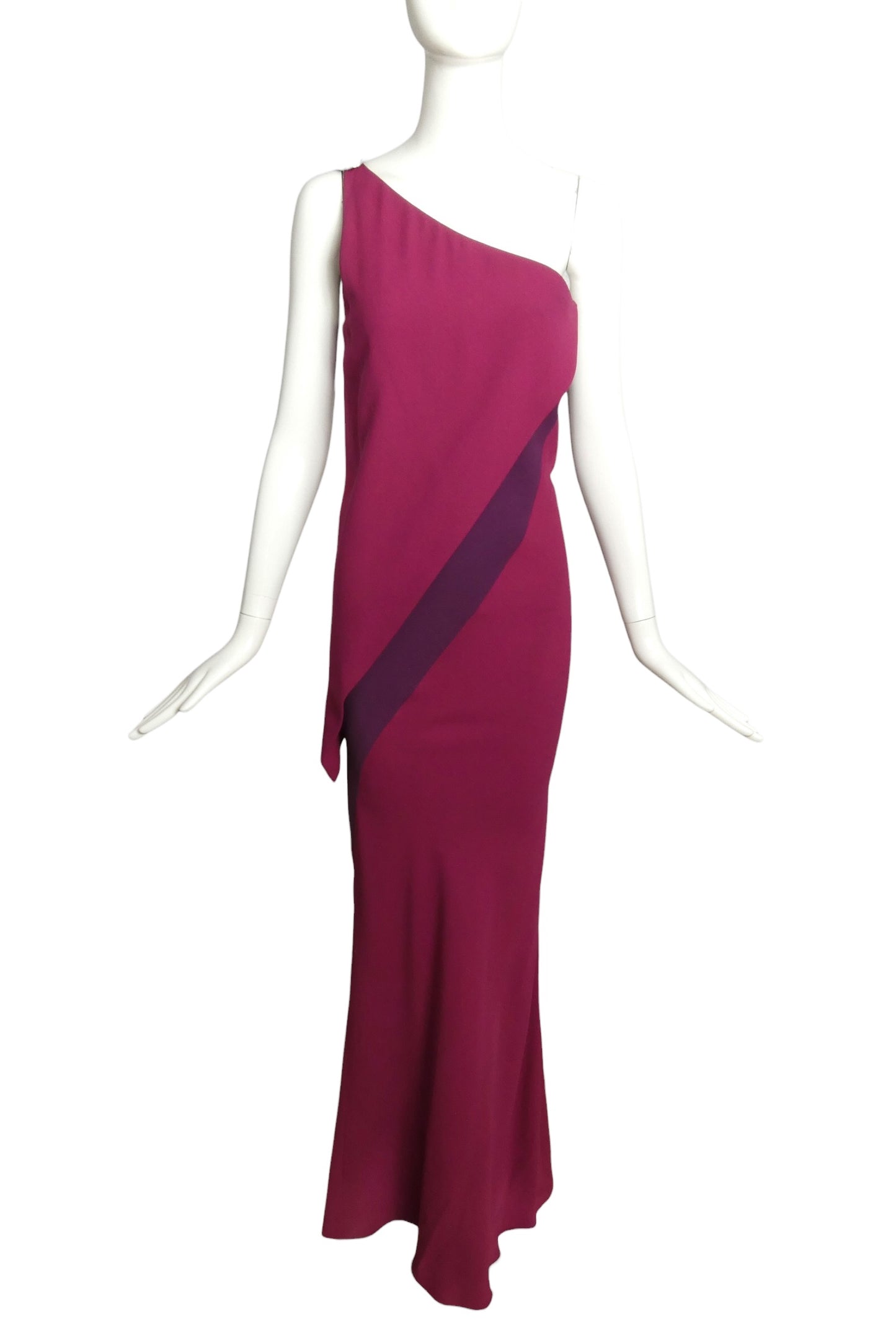 1998 Raspberry One Shoulder Crepe Gown, Size 2