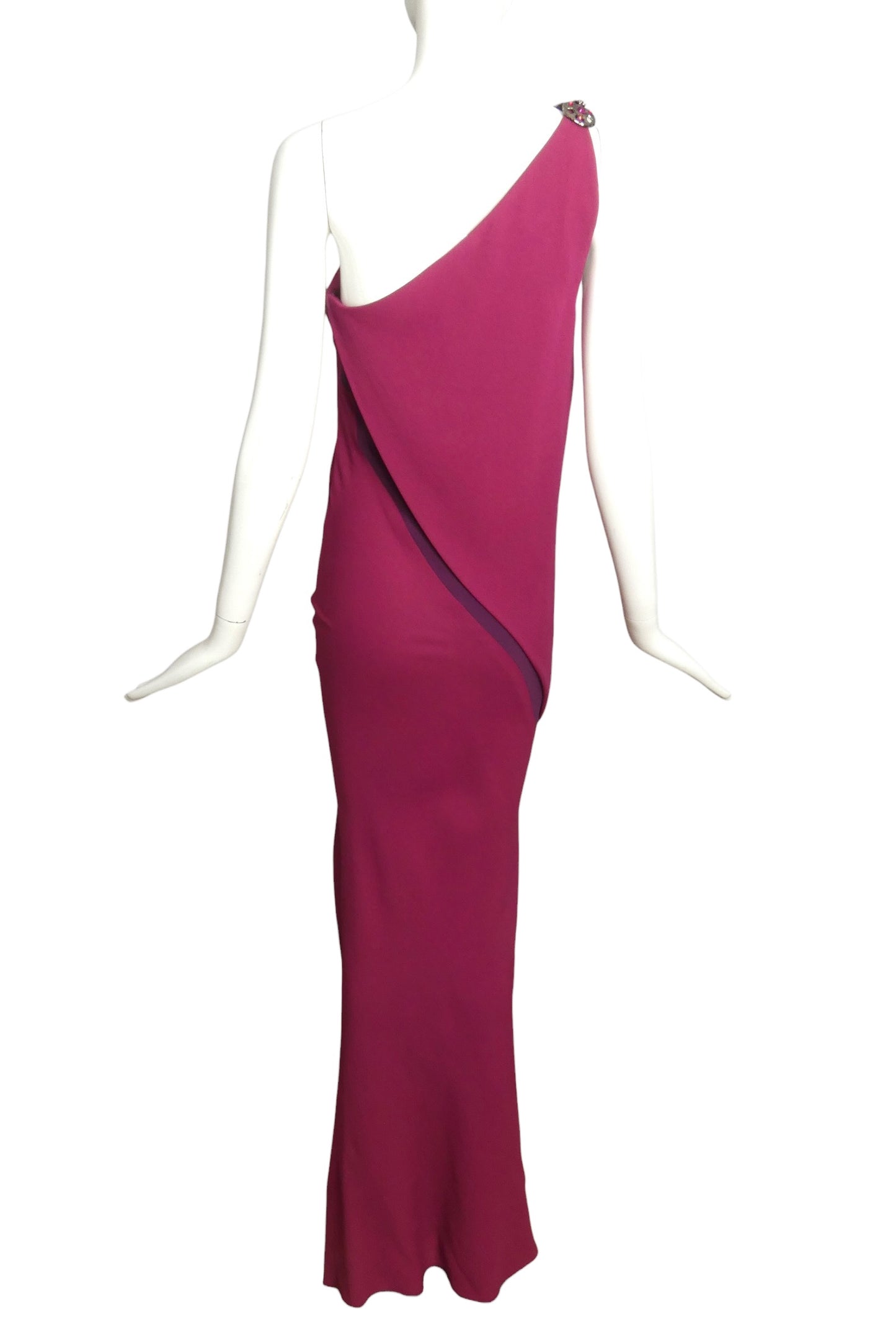 1998 Raspberry One Shoulder Crepe Gown, Size 2
