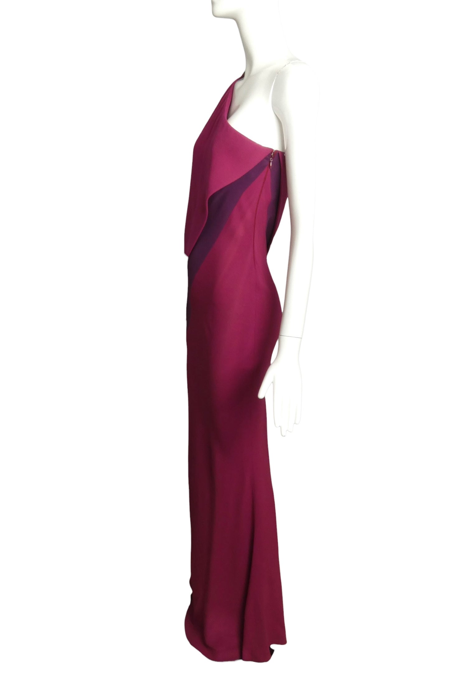 1998 Raspberry One Shoulder Crepe Gown, Size 2