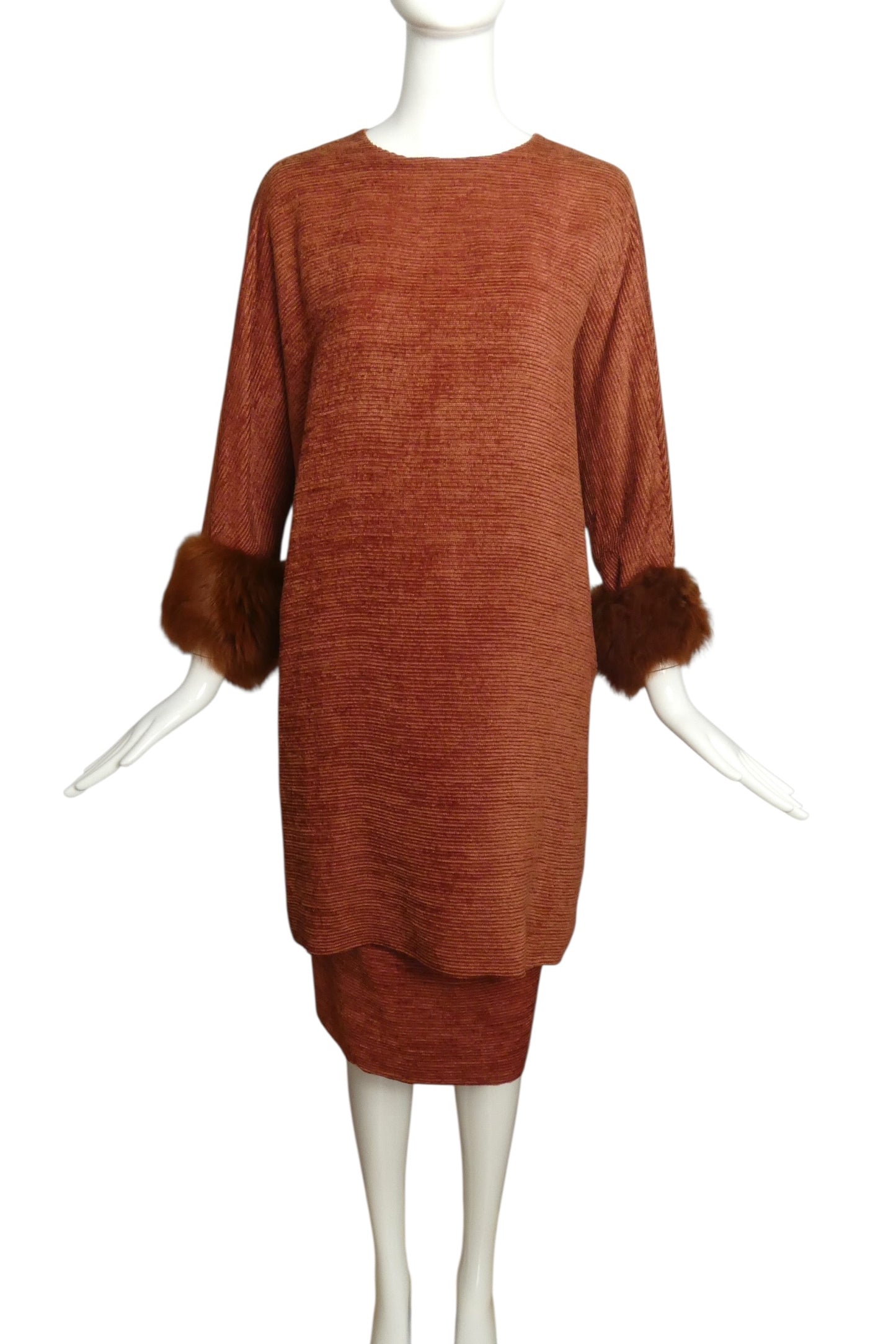1980s 2pc Rust Knit Fur Trimmed Ensemble, Size 10