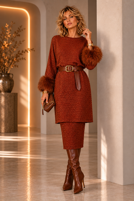 1980s 2pc Rust Knit Fur Trimmed Ensemble, Size 10