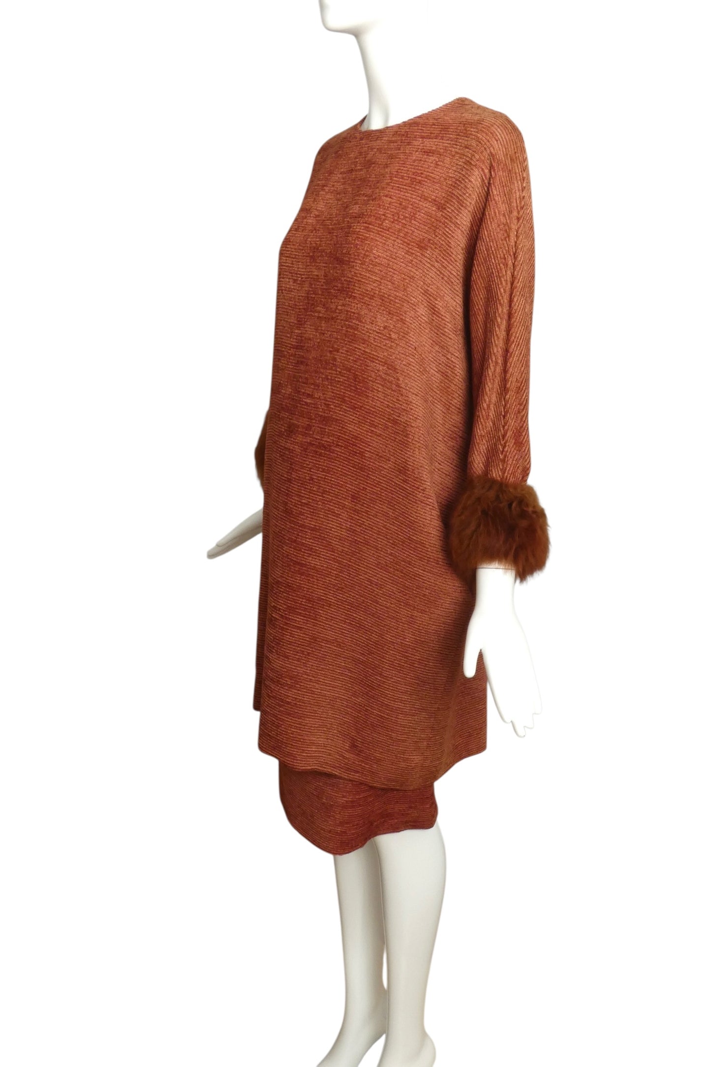 1980s 2pc Rust Knit Fur Trimmed Ensemble, Size 10