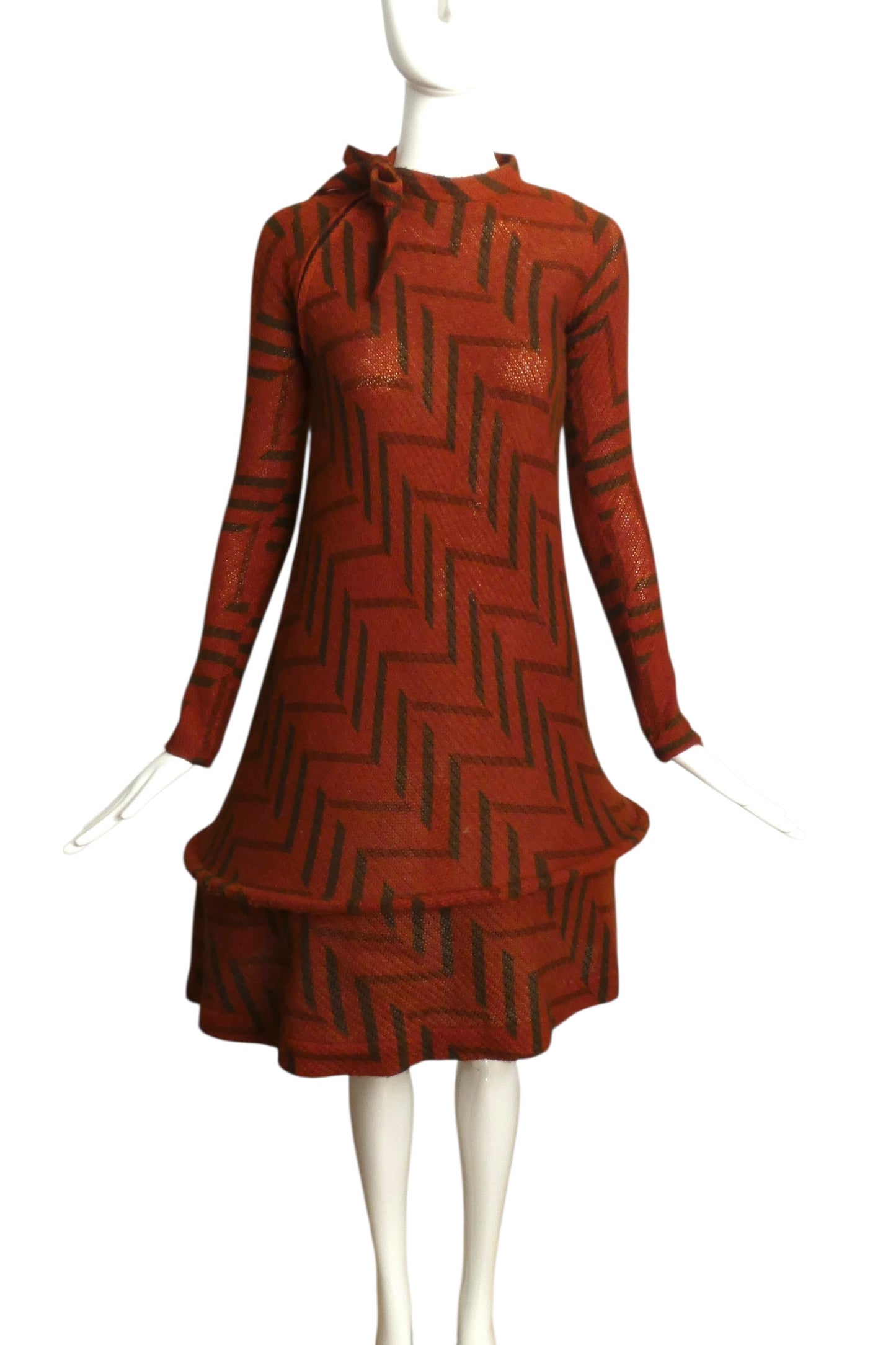 1980 Brown Print Wool Knit Hoop Dress, Size 4