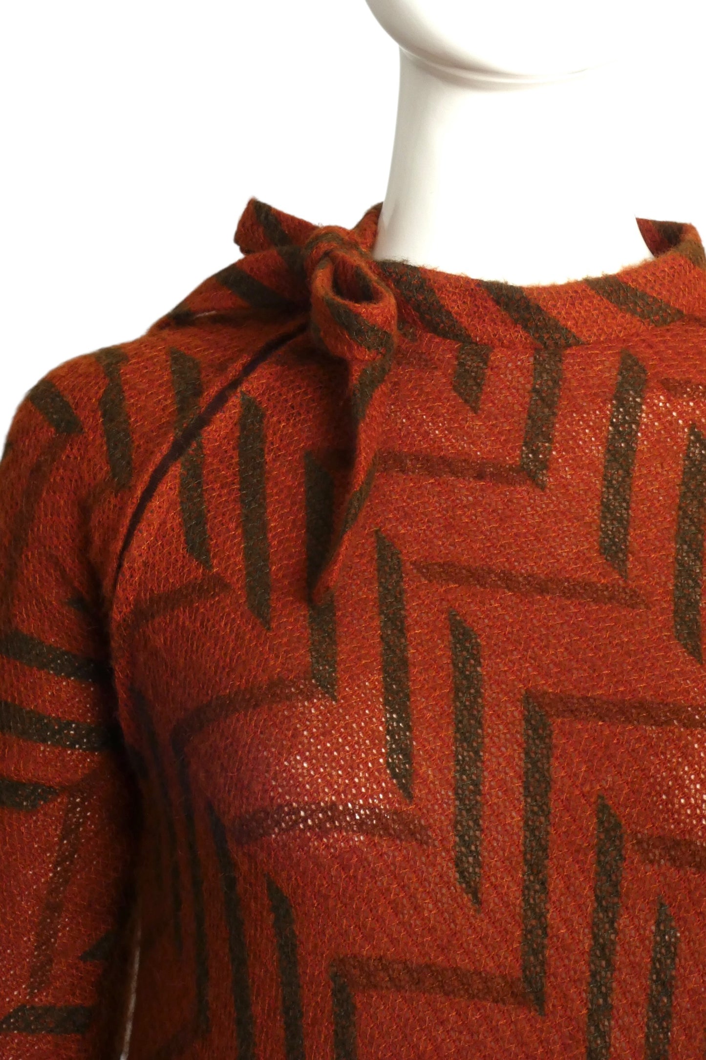 1980 Brown Print Wool Knit Hoop Dress, Size 4