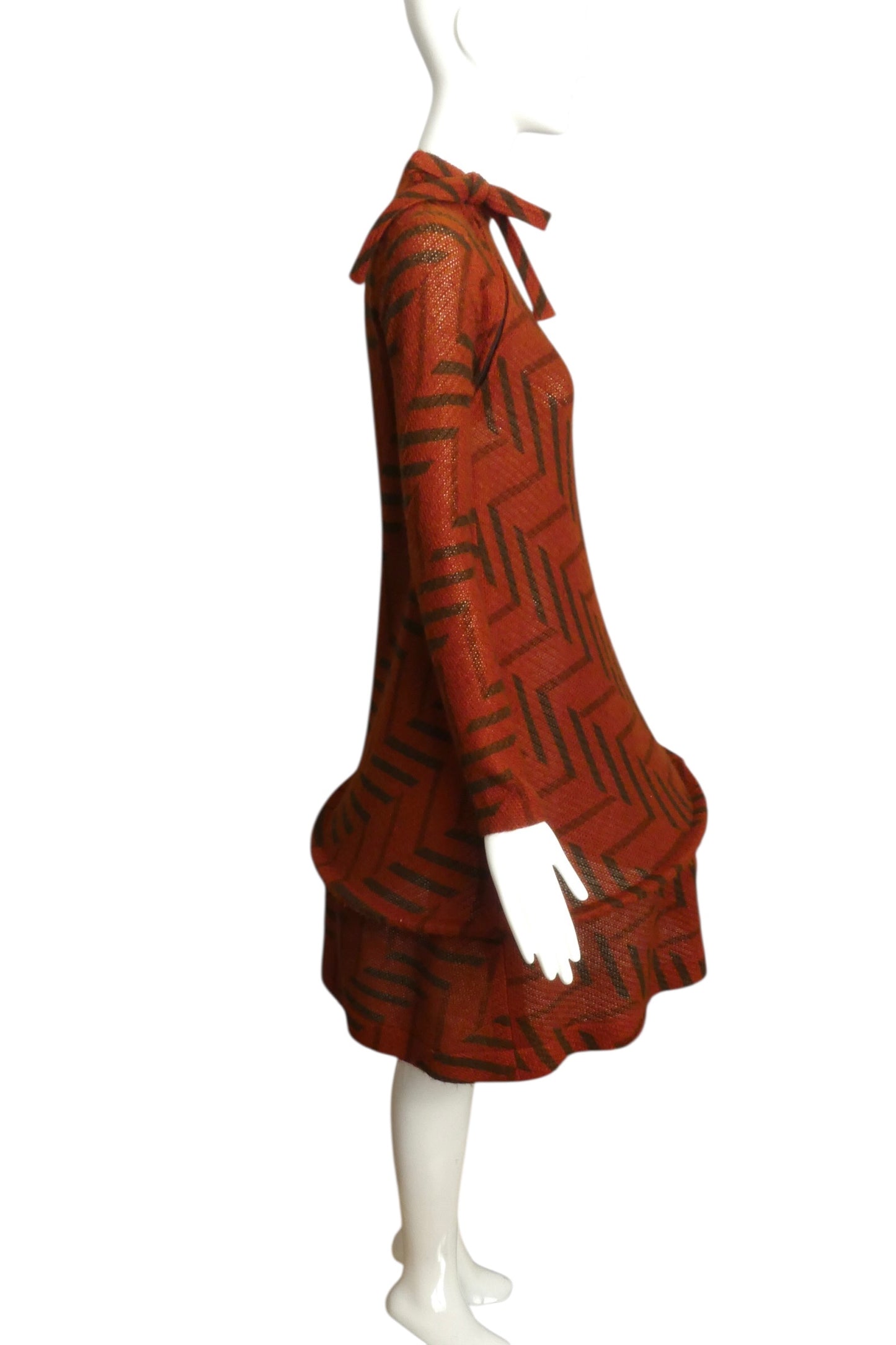 1980 Brown Print Wool Knit Hoop Dress, Size 4