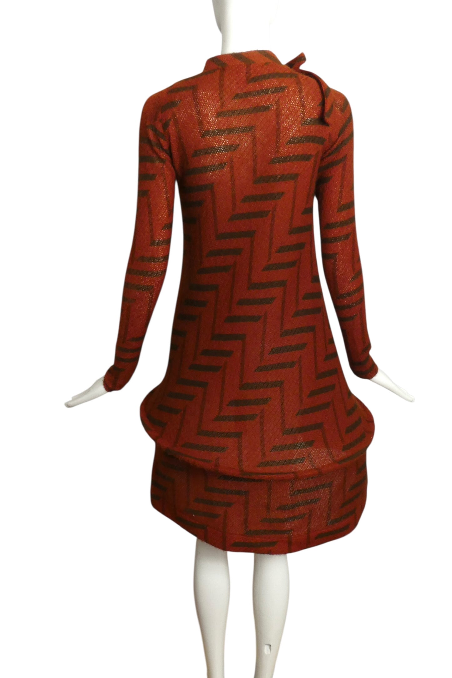 1980 Brown Print Wool Knit Hoop Dress, Size 4
