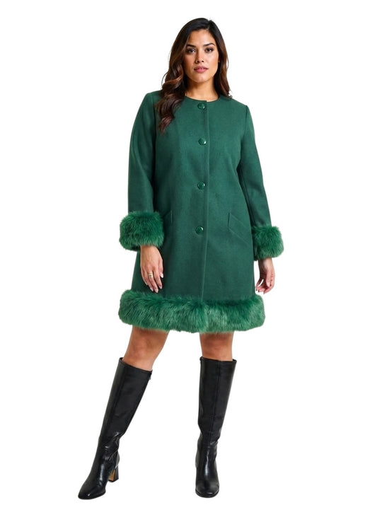 PIERRE CARDIN (HAUTE COUTURE) - 1990 Green Worsted Wool Fur Trimmed Coat, Size 12