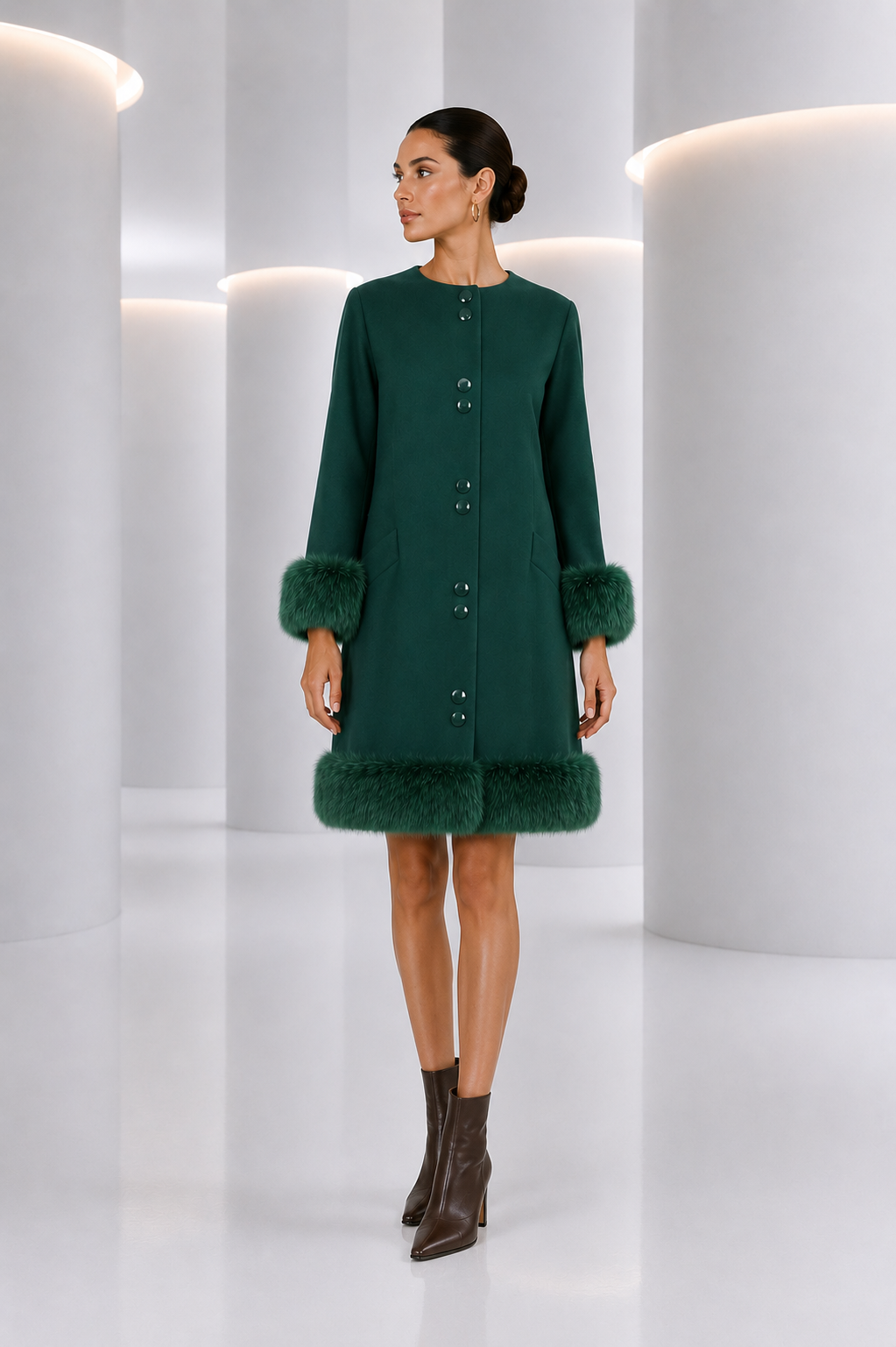 1990 Green Worsted Wool Fur Trimmed Coat, Size 12