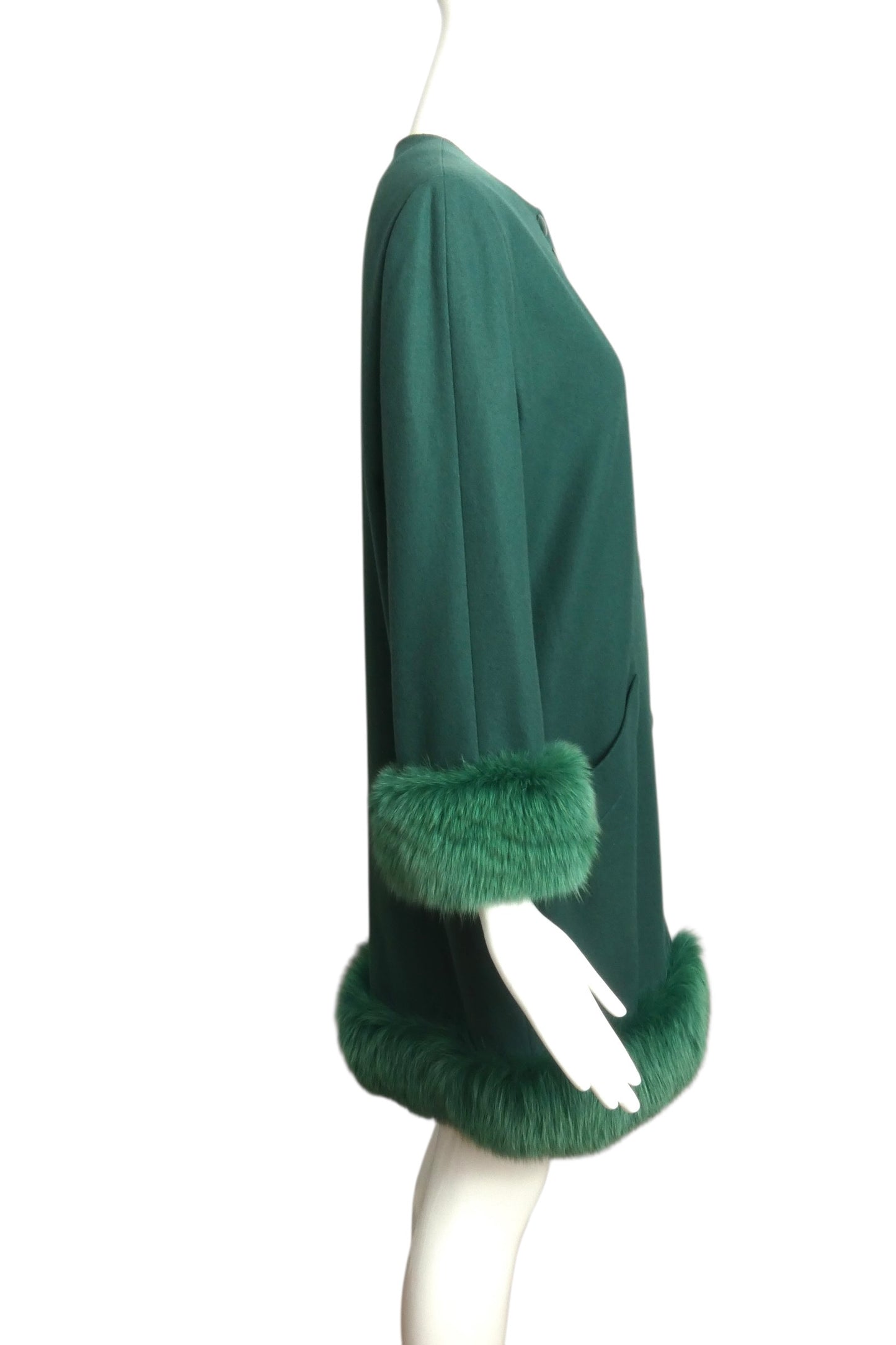 PIERRE CARDIN (HAUTE COUTURE) - 1990 Green Worsted Wool Fur Trimmed Coat, Size 12
