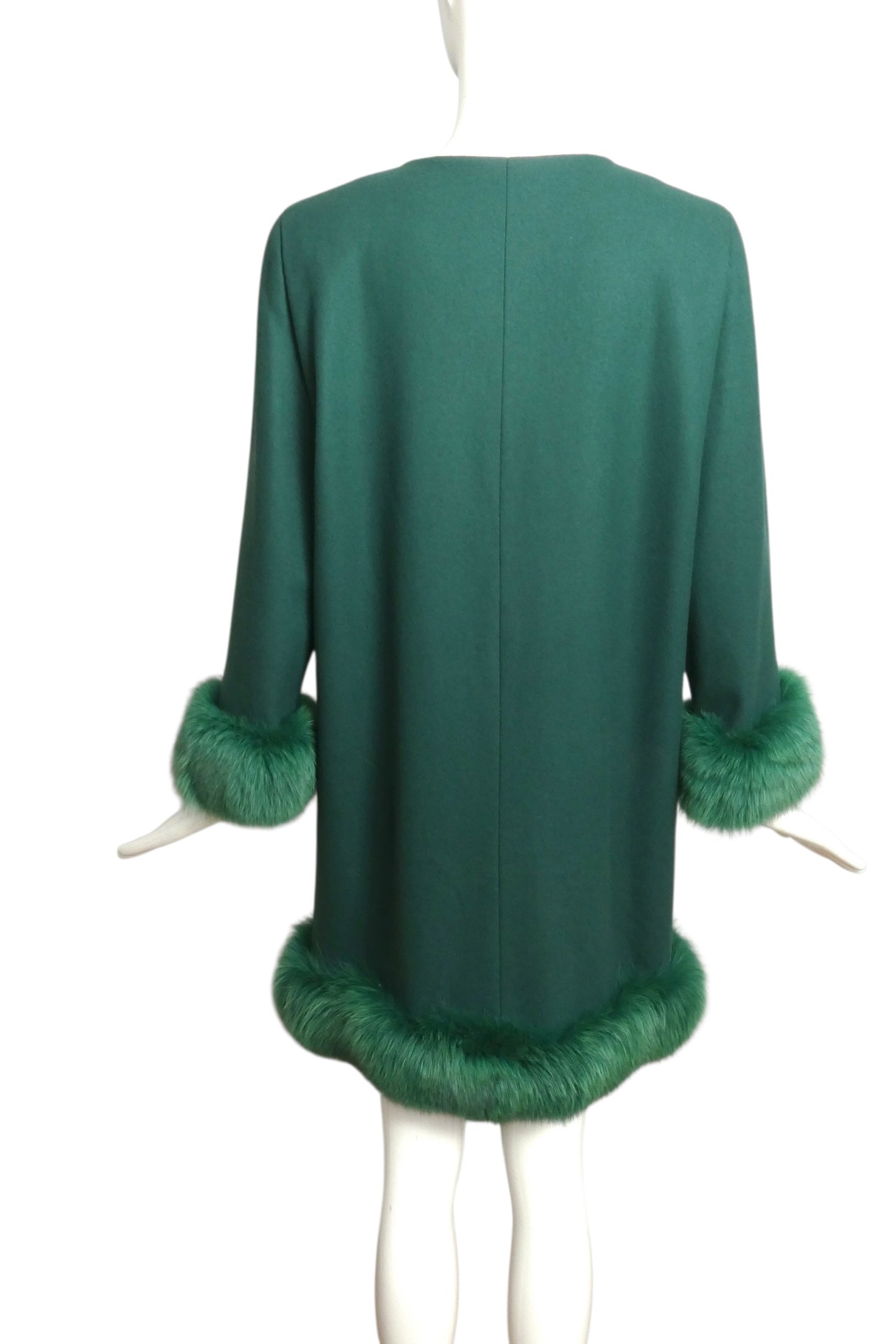 PIERRE CARDIN (HAUTE COUTURE) - 1990 Green Worsted Wool Fur Trimmed Coat, Size 12